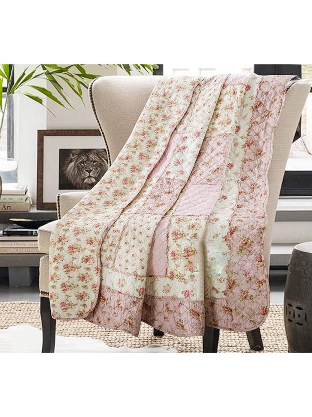 Cozy 100% Cotton Pink Floral Patchwork Quilt - Reversible Vintage Throw Blanket